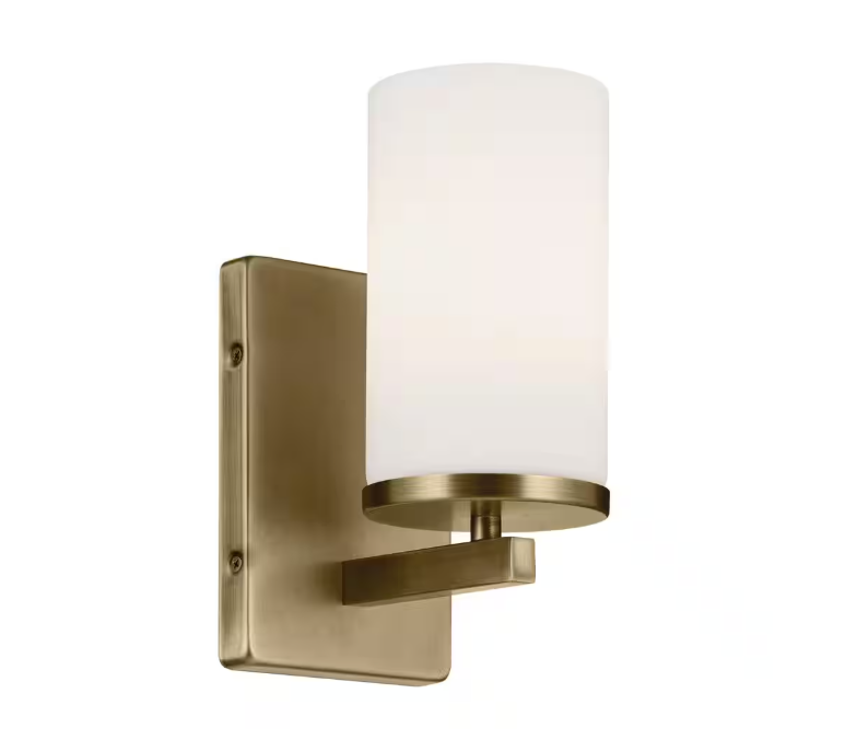 KICHLER Crosby 1-Light Natural Brass Bathroom Indoor Wall Sconce Light with Satin Etched Cased Opal Glass Shade