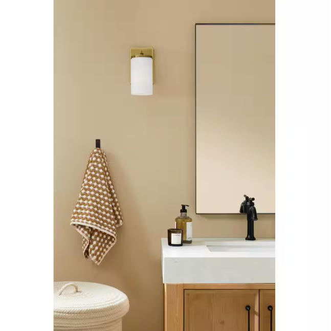 KICHLER Crosby 1-Light Natural Brass Bathroom Indoor Wall Sconce Light with Satin Etched Cased Opal Glass Shade