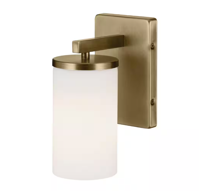 KICHLER Crosby 1-Light Natural Brass Bathroom Indoor Wall Sconce Light with Satin Etched Cased Opal Glass Shade