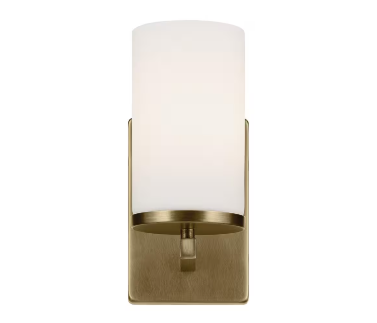 KICHLER Crosby 1-Light Natural Brass Bathroom Indoor Wall Sconce Light with Satin Etched Cased Opal Glass Shade
