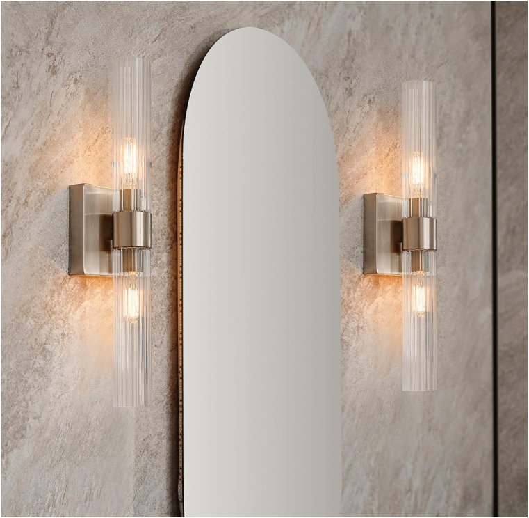 Globe Electric 63000052 18" 2-Light Vanity Light, Matte Brass Finish, Ribbed Glass Shade, Bathroom Décor, Home Décor, Home Improvement, Soft Glam Light, Makeup Lighting, Beauty Room Accessories