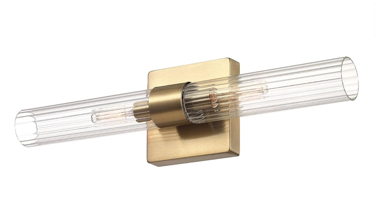 Globe Electric 63000052 18" 2-Light Vanity Light, Matte Brass Finish, Ribbed Glass Shade, Bathroom Décor, Home Décor, Home Improvement, Soft Glam Light, Makeup Lighting, Beauty Room Accessories