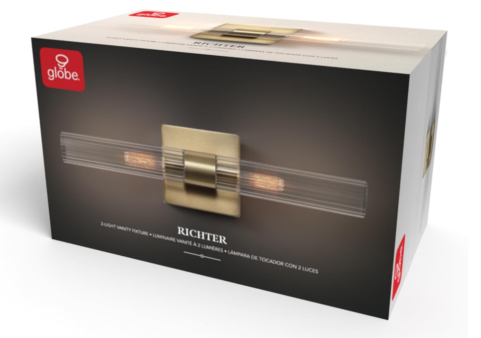Globe Electric 63000052 18" 2-Light Vanity Light, Matte Brass Finish, Ribbed Glass Shade, Bathroom Décor, Home Décor, Home Improvement, Soft Glam Light, Makeup Lighting, Beauty Room Accessories