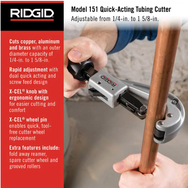 RIDGID 1/4 in. to 1-5/8 in. 151 Quick Acting Copper Pipe & Aluminum Tubing Cutter w/ Easy Change Wheel Pin + Spare Wheel