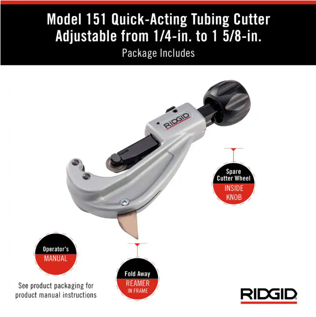 RIDGID 1/4 in. to 1-5/8 in. 151 Quick Acting Copper Pipe & Aluminum Tubing Cutter w/ Easy Change Wheel Pin + Spare Wheel