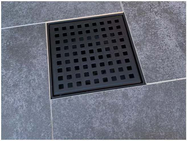RELN 4 in. x 4 in. Matte Black Square Shower Drain with Square Pattern Drain Cover