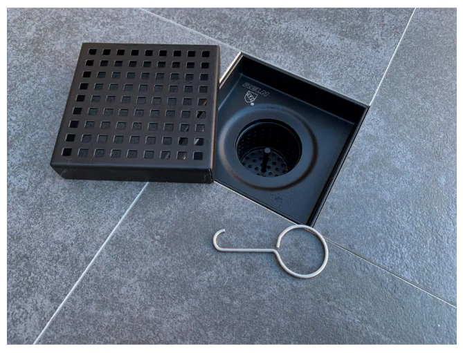 RELN 4 in. x 4 in. Matte Black Square Shower Drain with Square Pattern Drain Cover