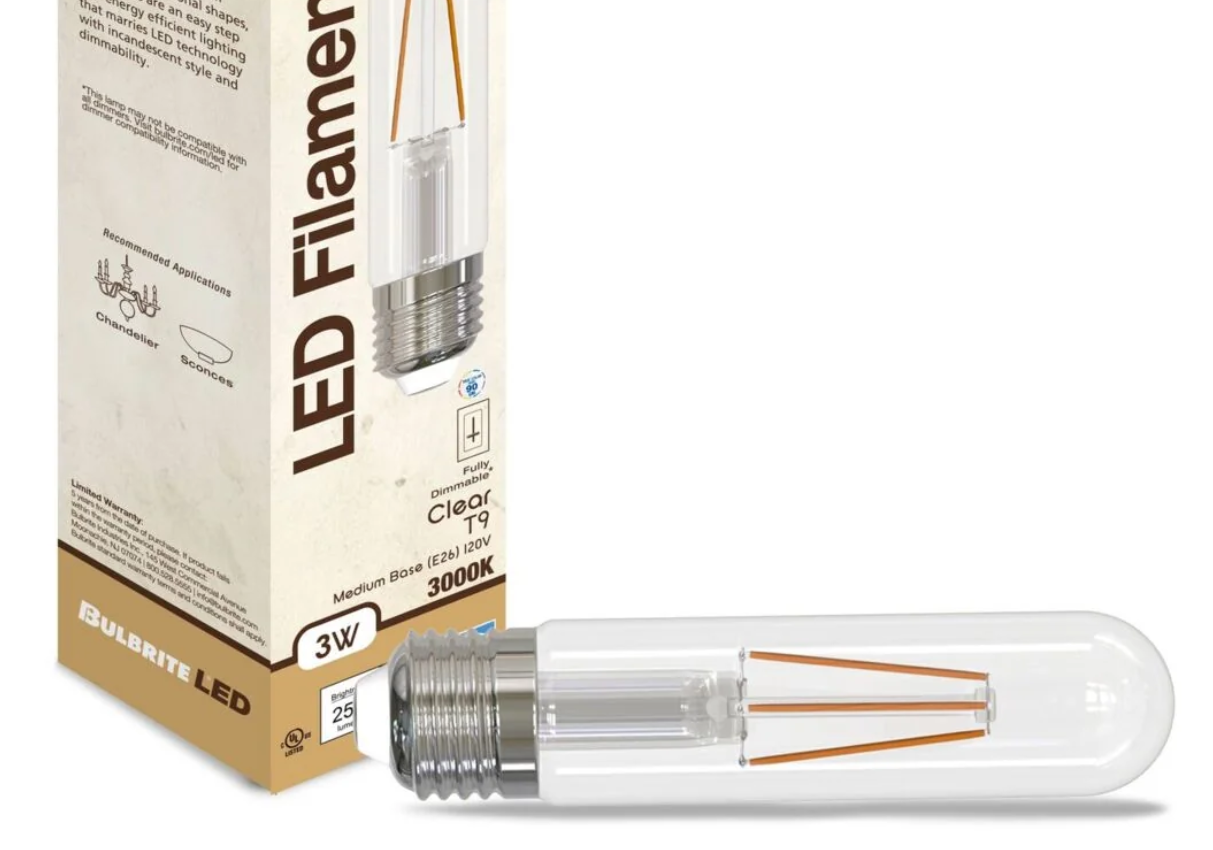 Bulbrite 3 Watt LED T9 Clear Decorative Light Bulb with Mediuem (E26) Base, 3000K