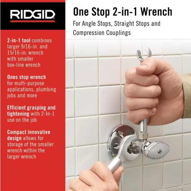 RIDGID One Stop Wrench for Angle Stops, Straight Stops, and Compression Couplings, 2-in-1 Plumbing Wrench for Common Nut Sizes