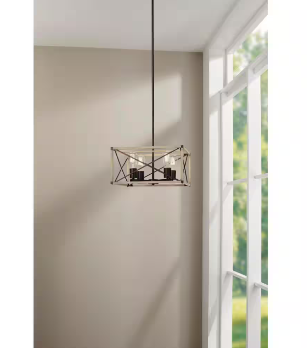 Hampton Bay Madison Landing 4-Light Caged Matte Black Rectangular Pendant Hanging Light with Washed White Farmhouse Wood Accents