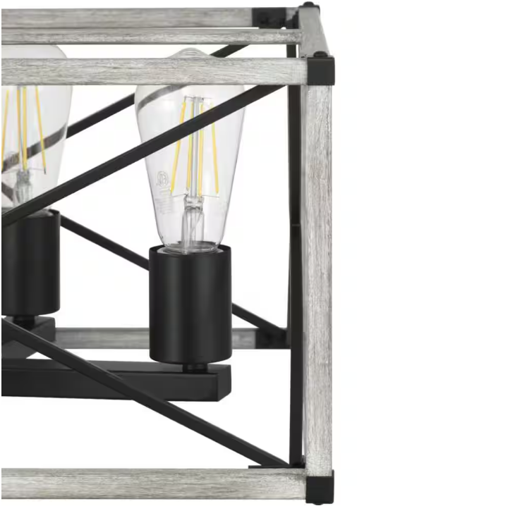 Hampton Bay Madison Landing 4-Light Caged Matte Black Rectangular Pendant Hanging Light with Washed White Farmhouse Wood Accents