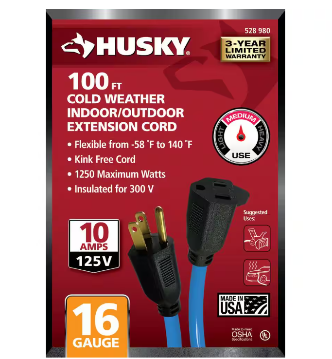 Husky 100 ft. 16/3 Medium Duty Cold Weather Indoor/Outdoor Extension Cord, Blue