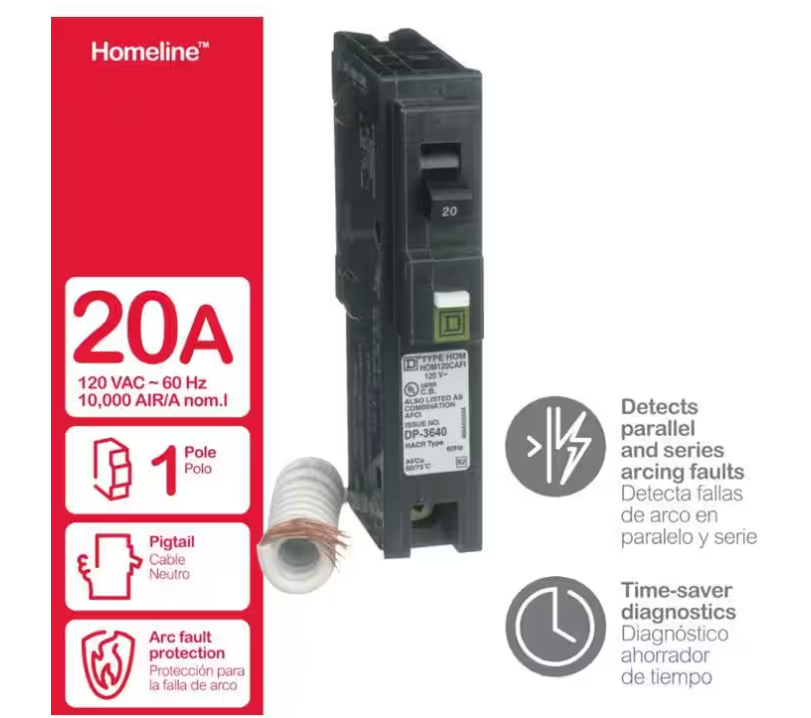 Square D Homeline 20 Amp Single-Pole Combination Arc Fault Circuit Breaker(HOM120CAFIC)