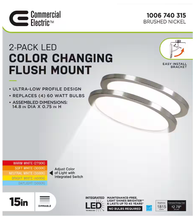 Commercial Electric 15 in. Brushed Nickel New Ultra-Low Profile Integrated LED Flush Mount 5CCT (2-Pack)