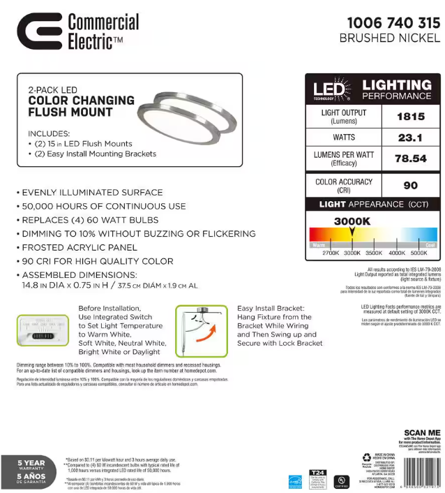 Commercial Electric 15 in. Brushed Nickel New Ultra-Low Profile Integrated LED Flush Mount 5CCT (2-Pack)