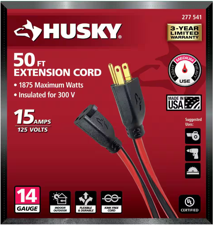 Husky 50 ft. 14/3 Medium Duty Indoor/Outdoor Extension Cord, Red/Black