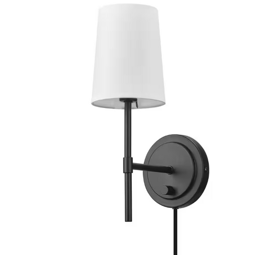 Hampton Bay Byrson 6 in. 1-Light Matte Black Wall Sconce Light with Plug-In/Hardwire White Fabric Shade for Indoor Use