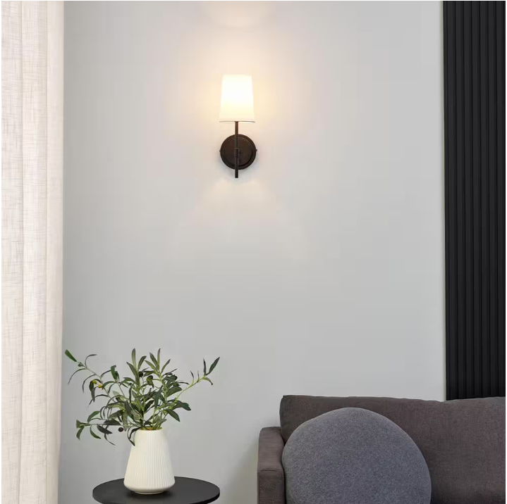 Hampton Bay Byrson 6 in. 1-Light Matte Black Wall Sconce Light with Plug-In/Hardwire White Fabric Shade for Indoor Use