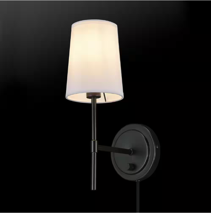 Hampton Bay Byrson 6 in. 1-Light Matte Black Wall Sconce Light with Plug-In/Hardwire White Fabric Shade for Indoor Use