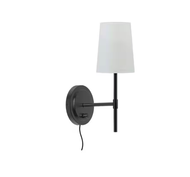 Hampton Bay Byrson 6 in. 1-Light Matte Black Wall Sconce Light with Plug-In/Hardwire White Fabric Shade for Indoor Use