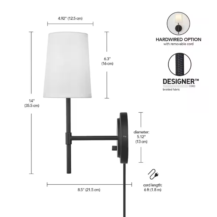 Hampton Bay Byrson 6 in. 1-Light Matte Black Wall Sconce Light with Plug-In/Hardwire White Fabric Shade for Indoor Use