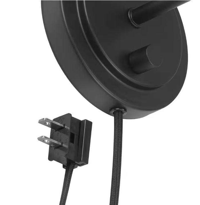 Hampton Bay Byrson 6 in. 1-Light Matte Black Wall Sconce Light with Plug-In/Hardwire White Fabric Shade for Indoor Use