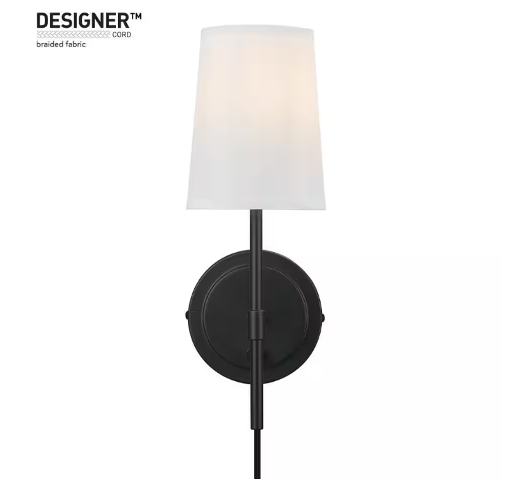 Hampton Bay Byrson 6 in. 1-Light Matte Black Wall Sconce Light with Plug-In/Hardwire White Fabric Shade for Indoor Use