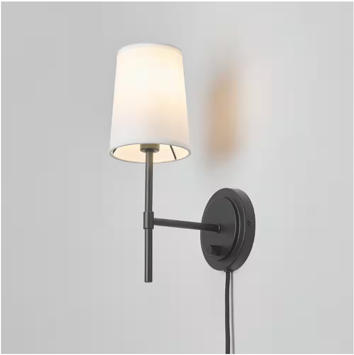 Hampton Bay Byrson 6 in. 1-Light Matte Black Wall Sconce Light with Plug-In/Hardwire White Fabric Shade for Indoor Use