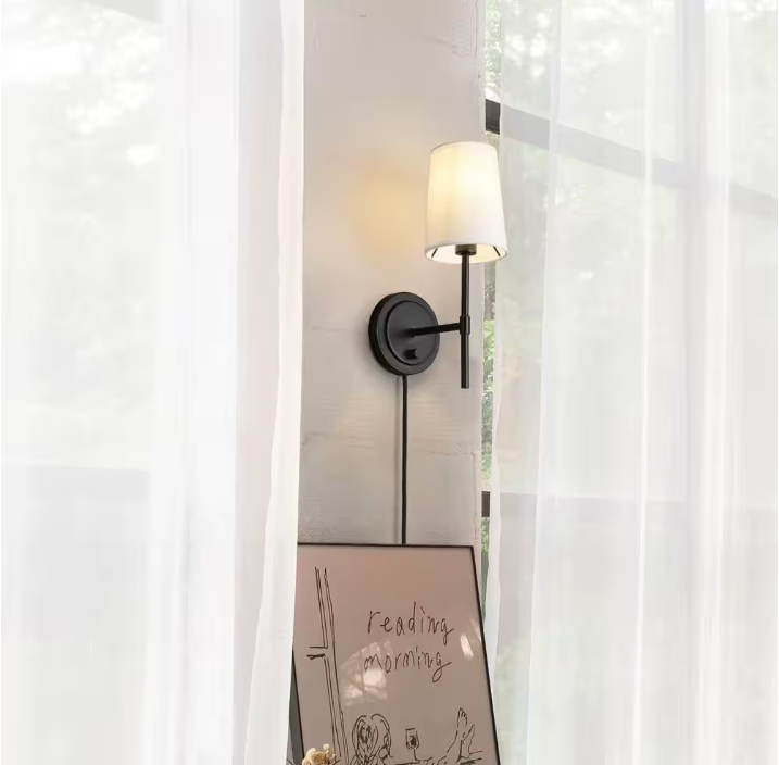 Hampton Bay Byrson 6 in. 1-Light Matte Black Wall Sconce Light with Plug-In/Hardwire White Fabric Shade for Indoor Use
