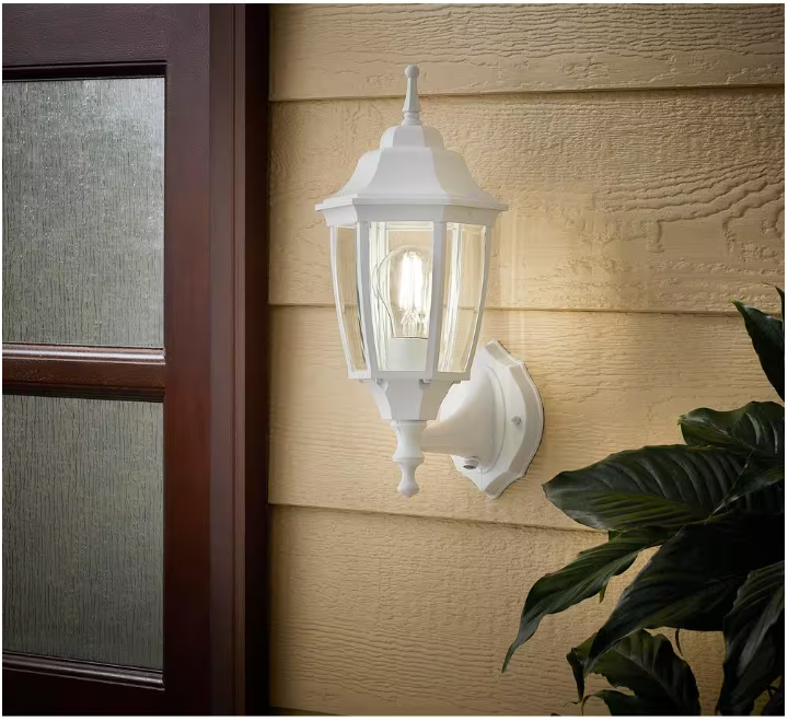 Hampton Bay 14 in. 1-Light White Hardwired Dusk-to-Dawn Outdoor Wall Light Lantern Sconce with No Bulb Included