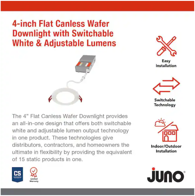 6-Pack - Juno Wafer M-Volt 120-277-Volt 4 in. Adjustable Lumen and CCT Canless IC Rated Dimmable Integrated LED Recessed Light Trim