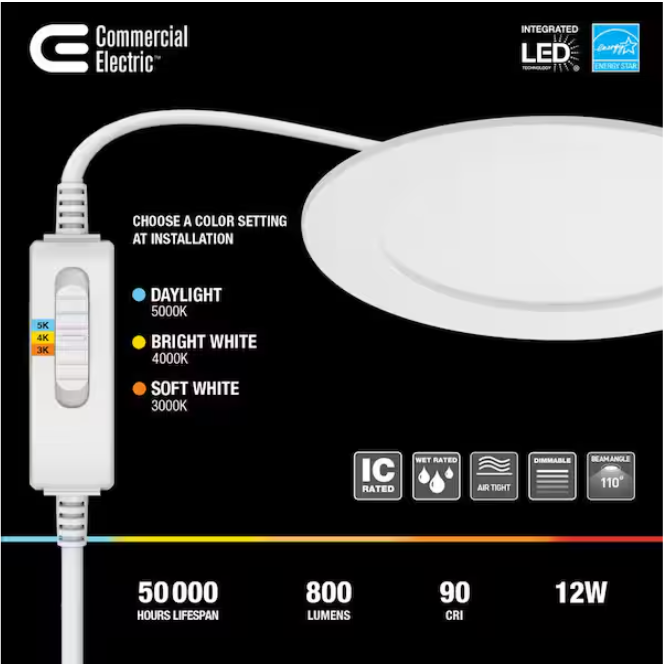 Commercial Electric Pro Value Series LED 6 in Round Adj Color Temp Canless Recessed Light for Kitchen Bath Living rooms, Wht 12-Pk
