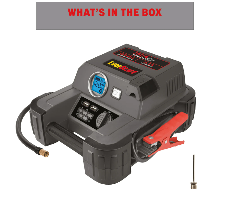 EverStart 750A Jump Starter with Reverse Polarity Alarm, 120 PSI Digital Compressor, Clamps Included
