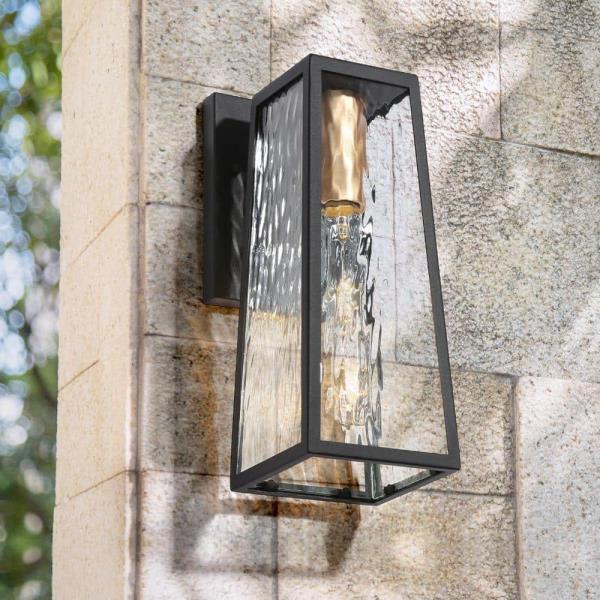 Modern Textured Black 1-Light Outdoor Wall Sconce Industrial Square Outdoor Wall Lantern with Water Glass Shade