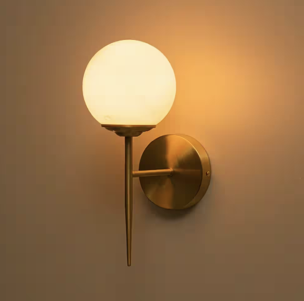 Nimbus 1-Light Cone-Shaped in Brushed Brass Gold Finish Bedroom Hallway Wall Sconce with Globe Milk Glass