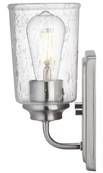 Hampton Bay Evangeline 4.5 in. 1-Light Brushed Nickel Indoor Wall Farmhouse Sconce with Clear Seeded Glass Shade