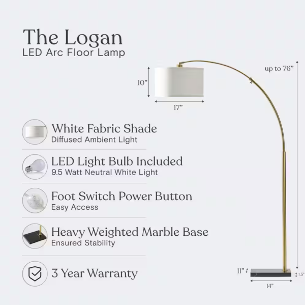 Logan 76 in. Antique Brass Modern 1-Light Adjustable and Extendable LED Floor Lamp with White Fabric Drum Shade