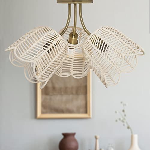 Isla 18 in 3-Light Semi Flush Mount -Brushed Gold with Bell-Shaped Rattan Shades