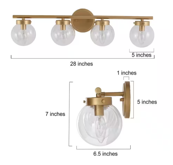 Uolfin Farmhouse Gold Bathroom Vanity Light, 28 in. 4-Light Wall Sconce Light with Clear Glass Shades