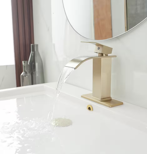 BWE Waterfall Single Handle Single Hole Low-Arc Bathroom Faucet Bathroom Drip-Free Vanity Sink Faucet in Brushed Gold