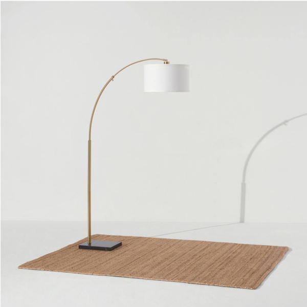 Logan 76 in. Antique Brass Modern 1-Light Adjustable and Extendable LED Floor Lamp with White Fabric Drum Shade