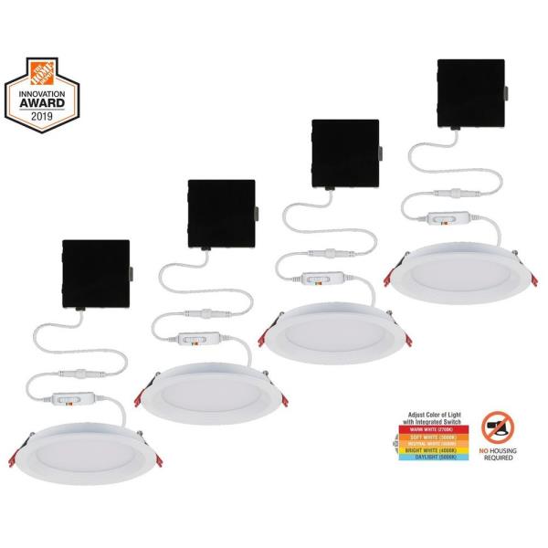Commercial Electric Slim Baffle Integrated LED 6 in Round Adj Color Temp Canless Recessed Light for Kitchen Bath Living rooms, White 4-Pack