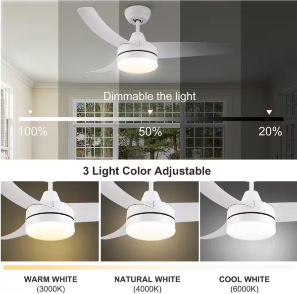 YUHAO Modern 42 in. Indoor Matte White Dimmable Ceiling Fan with Integrated LED, DC Motor and Remote Control