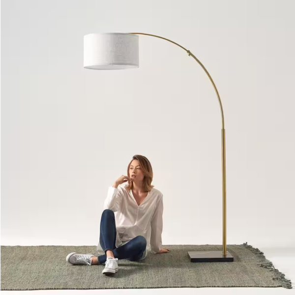 Logan 76 in. Antique Brass Modern 1-Light Adjustable and Extendable LED Floor Lamp with White Fabric Drum Shade