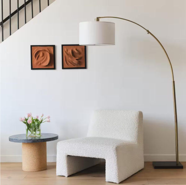 Logan 76 in. Antique Brass Modern 1-Light Adjustable and Extendable LED Floor Lamp with White Fabric Drum Shade