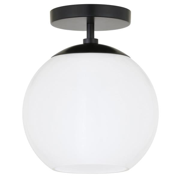 Bartlett 9 in. 1-Light Matte Black and White Milk Glass Semi-Flush Mount
