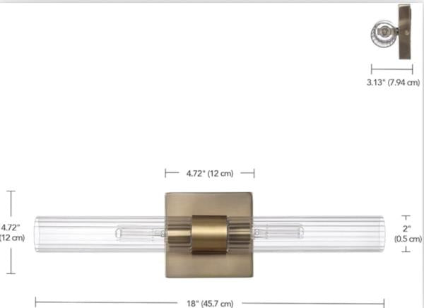Globe Electric 63000052 18" 2-Light Vanity Light, Matte Brass Finish, Ribbed Glass Shade, Bathroom Décor, Home Décor, Home Improvement, Soft Glam Light, Makeup Lighting, Beauty Room Accessories