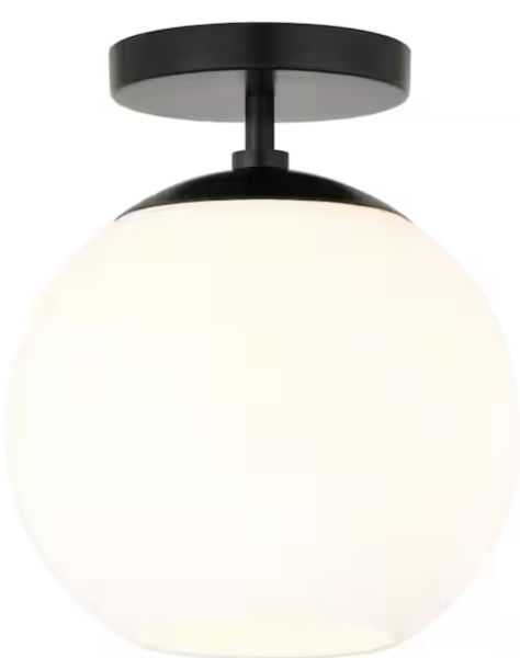 Bartlett 9 in. 1-Light Matte Black and White Milk Glass Semi-Flush Mount