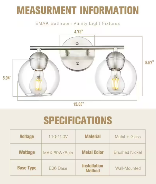 Jazava 15.63 in. 2-Light Brushed Nickel Vanity Light with Clear Glass Shade