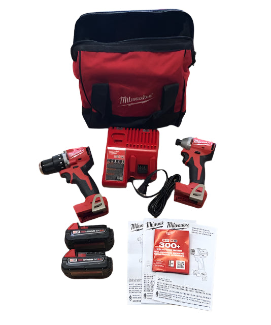 Milwaukee M18 18V Lithium-Ion Brushless Cordless Compact Drill/Impact Combo Kit (2-Tool) w/(2) 2.0 Ah Batteries, Charger & Bag
